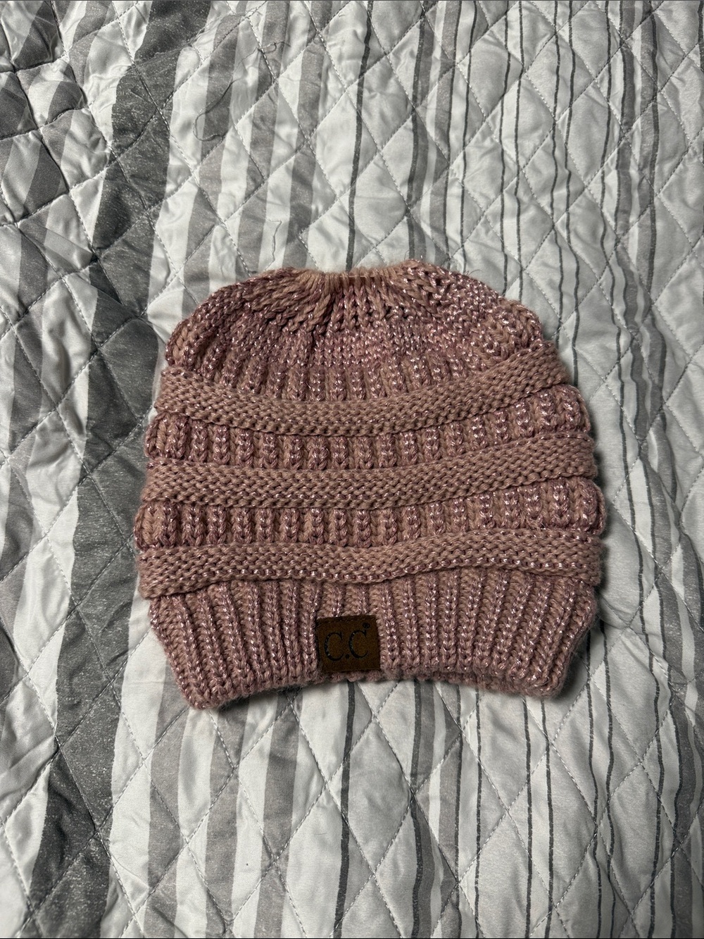 CC Embossed Dusty Rose Knit Beanie